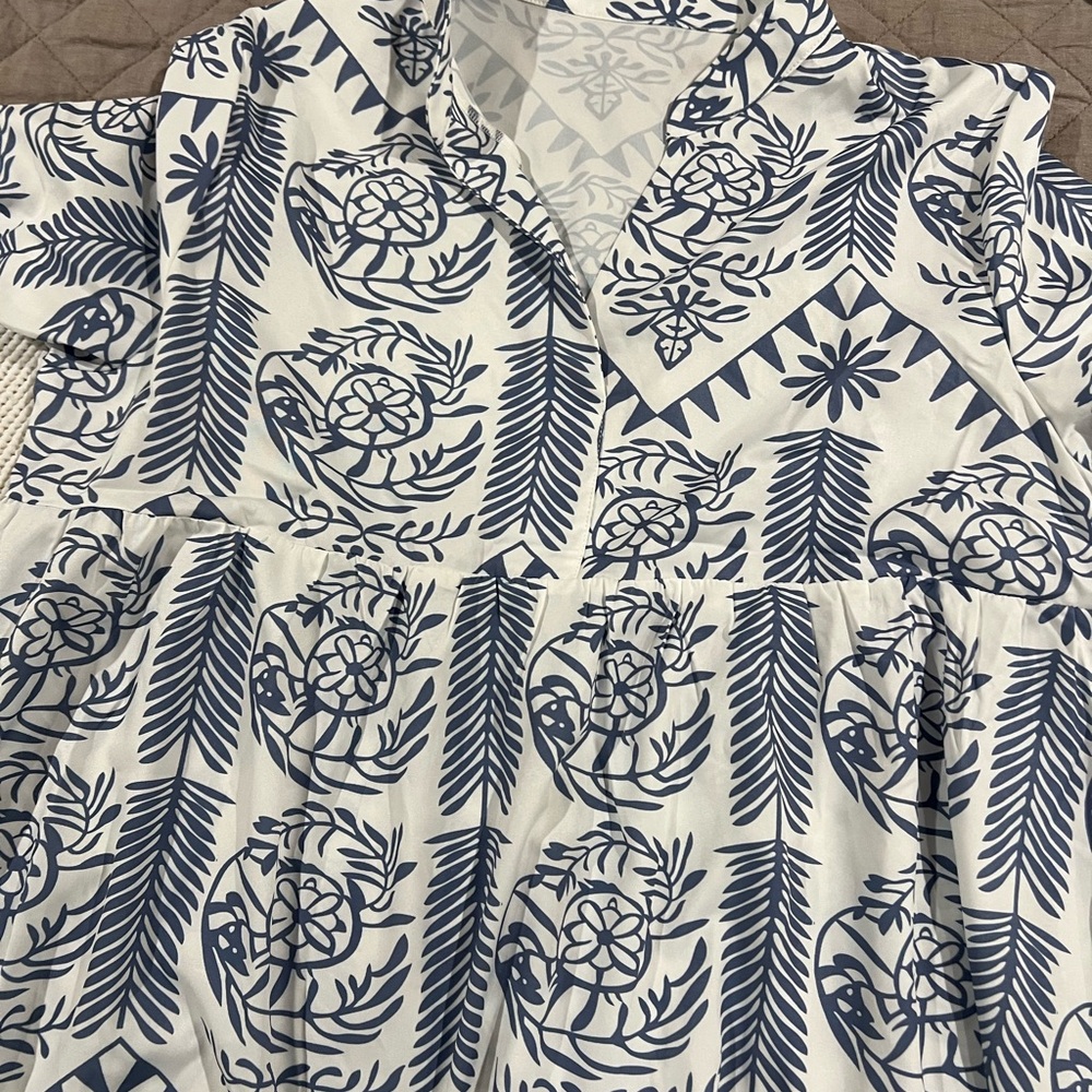 Blue and White Patterned Blouse